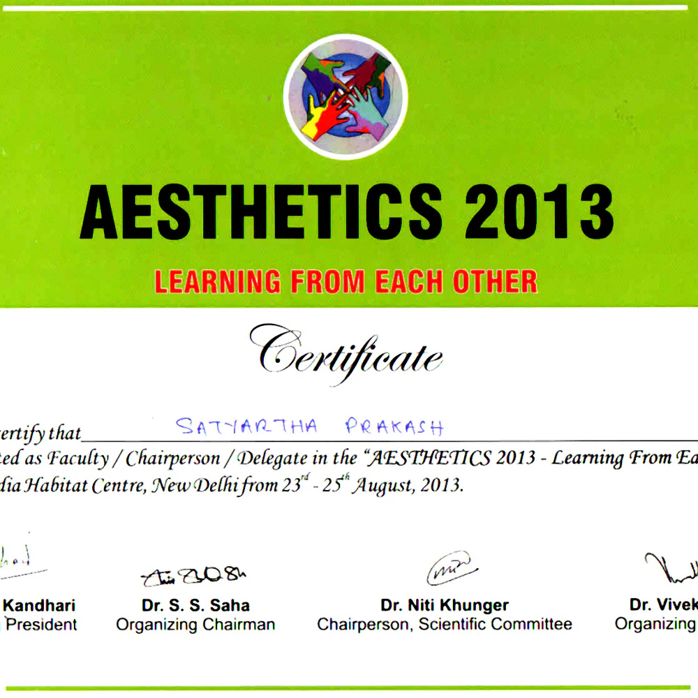 Aesthetics 2013 Learning From Each Other Certificate - Radiance Clinics