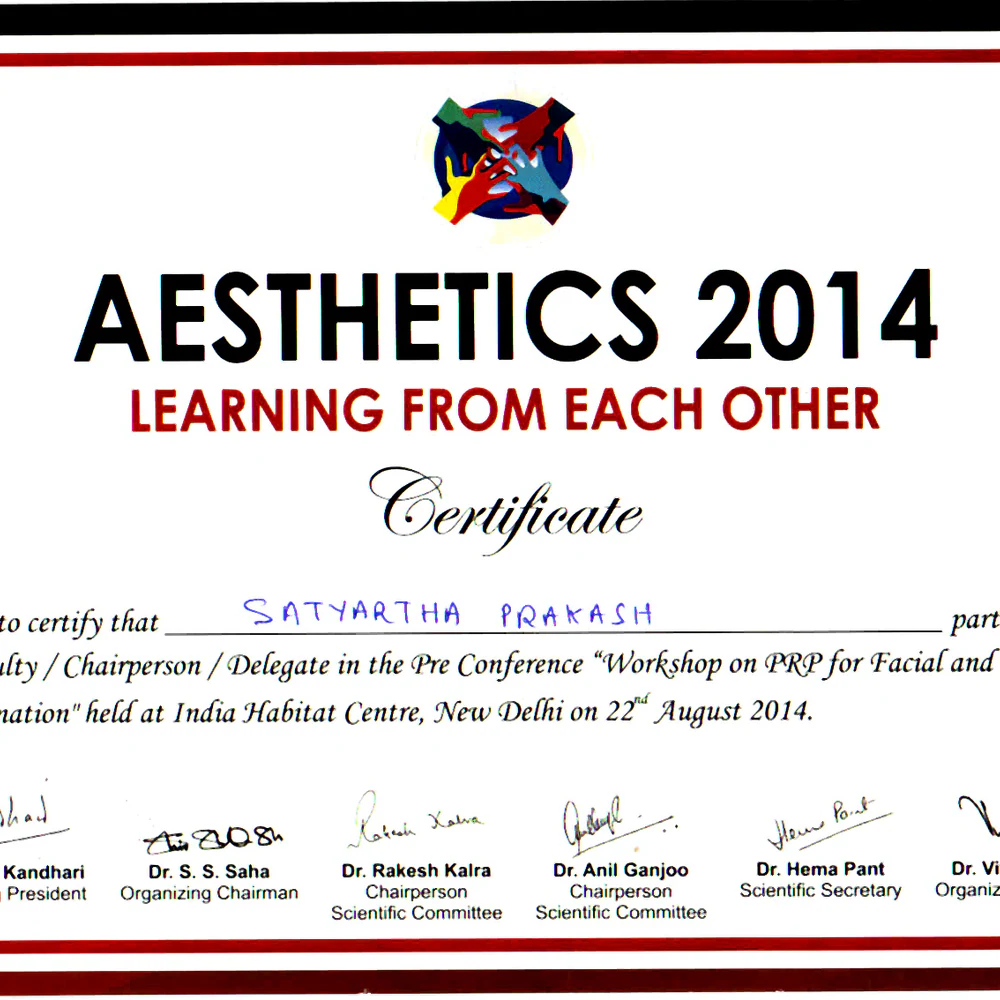 Aesthetics 2014 Prp Facial And Hair Rejuvenation Certificate - Radiance Clinics
